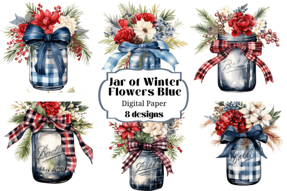 Download Mason Jar Blue Watercolor Winter Flowers - Watercolor winter Collection