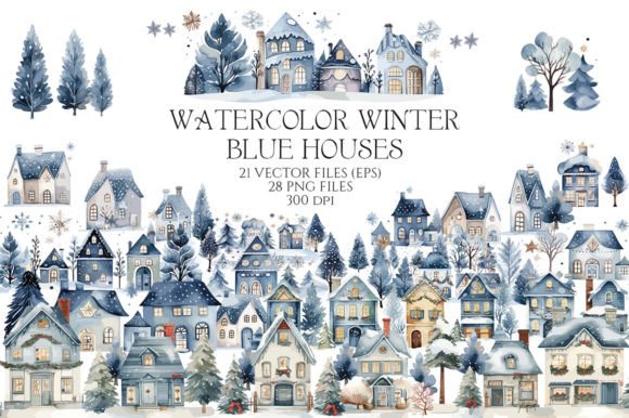 Download Watercolor Winter Christmas Blue Houses - Watercolor winter Collection
