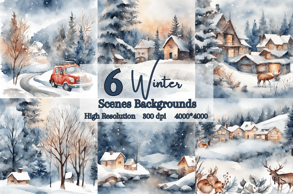 Download 6 Blue Watercolor Winter Scene Pack - Watercolor winter Collection