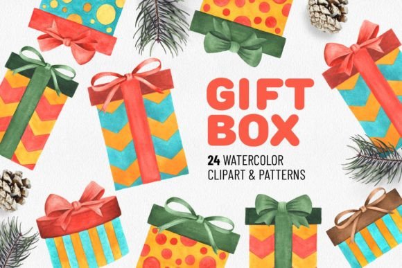 Download Watercolor Gift Box Set. Holiday Décor C - Premium Bundle