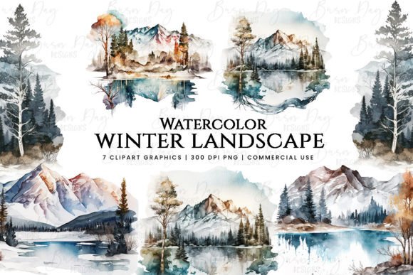 Download Watercolor Winter Mountain Landscape - Watercolor winter Collection