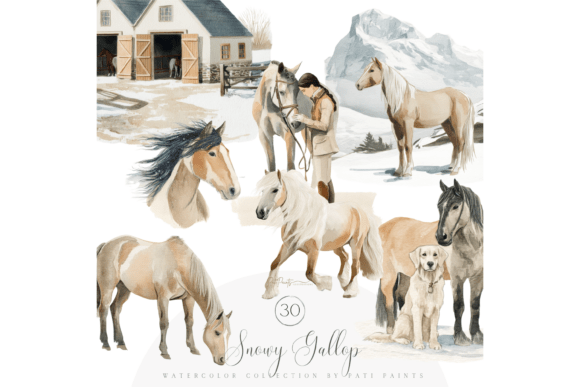 Download Watercolor Winter Horses Clipart Pack - Watercolor winter Collection