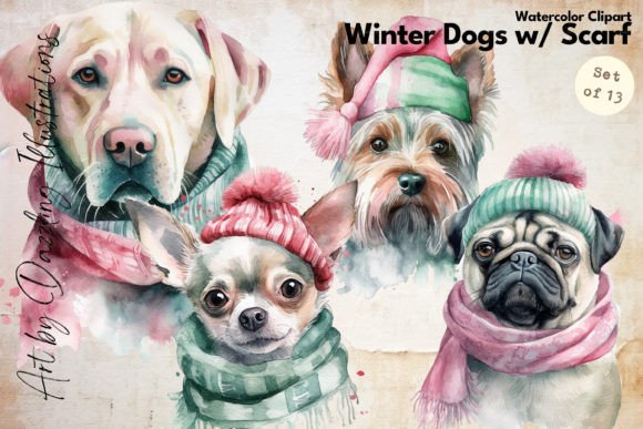 Download Watercolor Winter Dogs in Scarfs - Premium Bundle